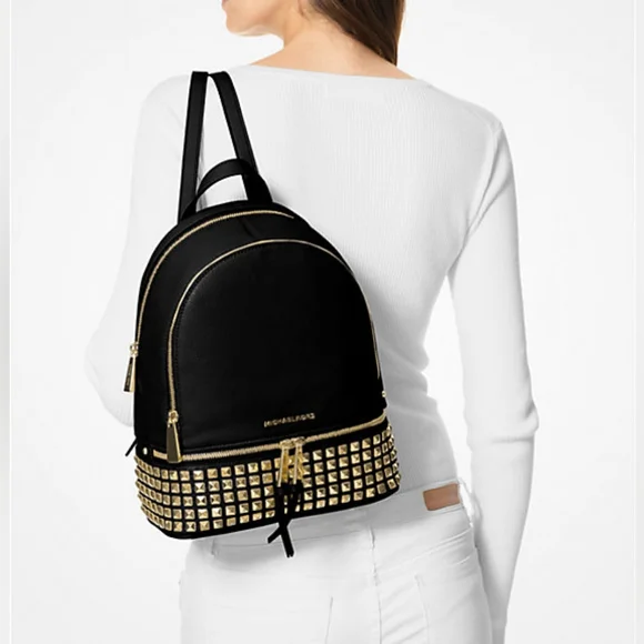 MICHAEL KORS Rhea Medium Black Studded Pebbled Leather Gold Details Backpack - Picture 3 of 17